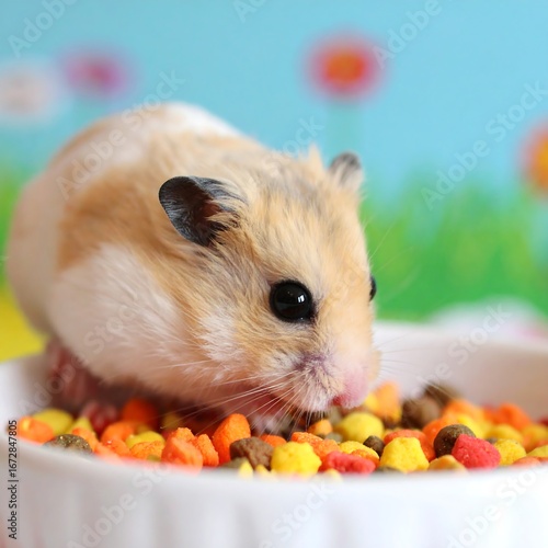 Hamster eating food in bowl, closeup