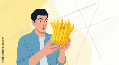 Intrigued Person Holding a Yellow Exotic Fruit, Artistic Illustration in Vector Format