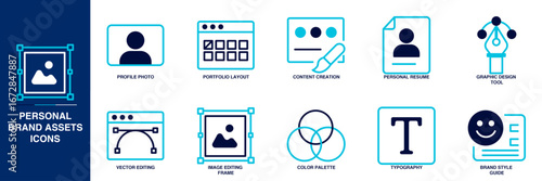 Personal Brand Assets (logos, fonts, colors) Blue Colored Outline Icon Set