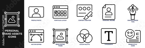 Personal Brand Assets (logos, fonts, colors) Line Icon Set