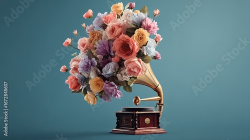 Wallpaper Mural A vintage gramophone adorned with colorful flowers, creating a whimsical blend of music and nature against a blue backdrop. Torontodigital.ca