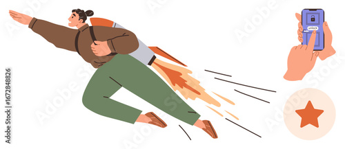 Person with jetpack launches forward, controlled by a smartphone app, with a star symbol nearby. Ideal for innovation, progress, motivation, technology, achievement, startup aspirational leap
