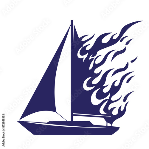 Sailing boat silhouette with stylized flames creating an artistic visual metaphor