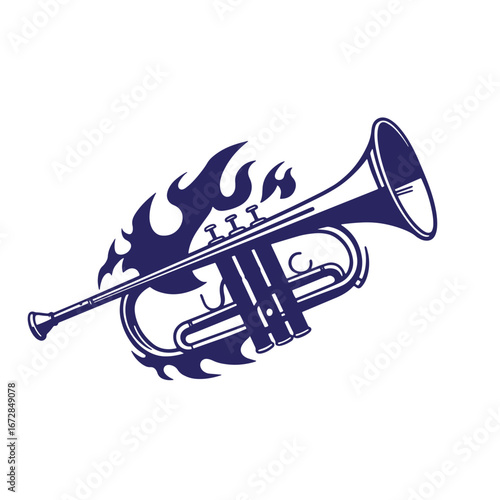 Silhouette illustration of a trumpet instrument with flames bursting outward design