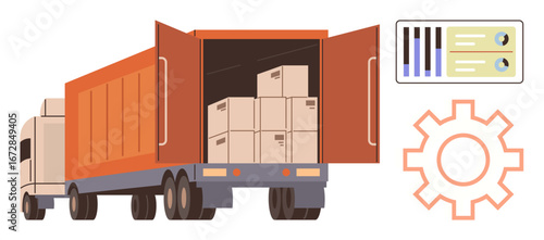 Truck unloading boxes with back door open, data chart, and gear icon. Ideal for logistics, supply chain, transportation, delivery management, inventory, warehouse operations or efficiency