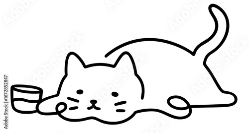 Lazy cat lying with drink, tired sleepy mood, funny relaxed pet