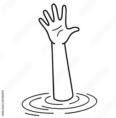 Silhouette of Hand Drowning in Water, Raised Up Seeking Help – Symbol of Overwork, Burnout, Death, Despair, and Helplessness
