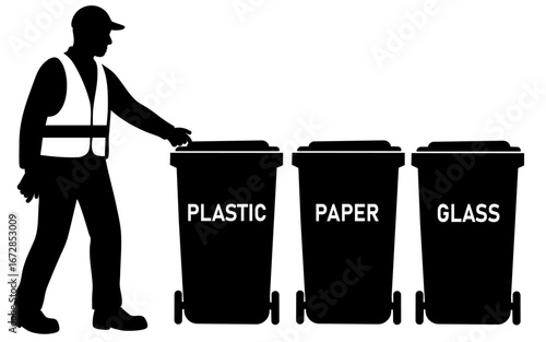 Sanitation worker standing near recycling bins for plastic, paper and glass waste, silhouette garbage sorting, recycling service, environmental protection, sustainability, ecology and urban cleanlines