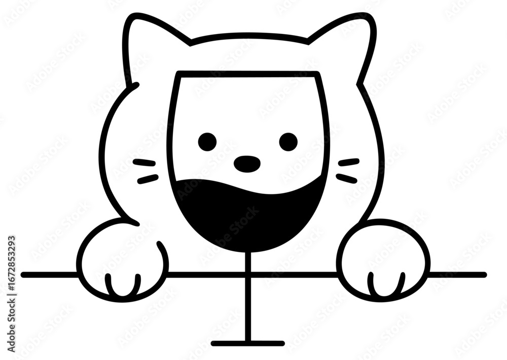 Fototapeta premium Funny drunk cat behind wine glass, tipsy pet with silly face enjoying alcohol drink