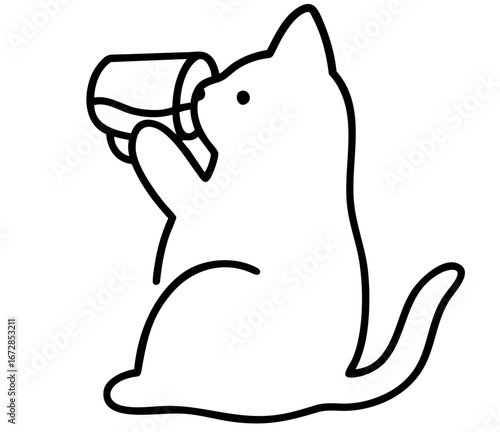 drunk cat holding mug and drinking, funny tipsy pet with relaxed mood