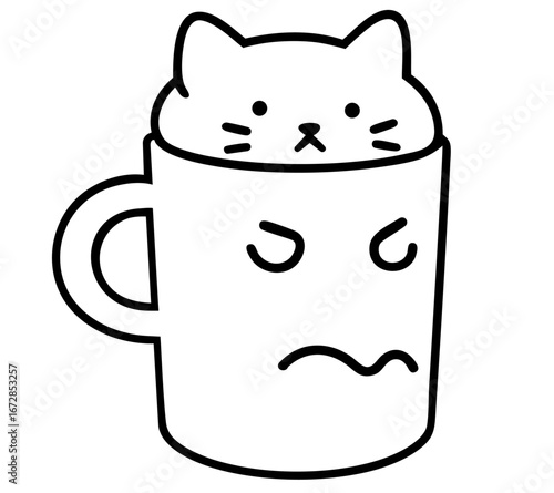 Drunk cat sitting inside mug with angry face