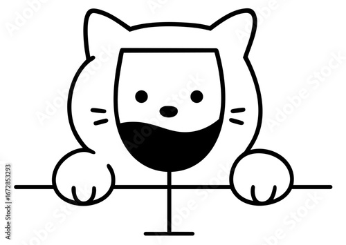 Funny drunk cat behind wine glass, tipsy pet with silly face enjoying alcohol drink