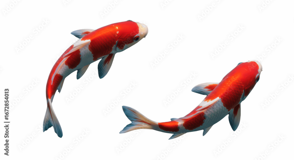 Fototapeta premium Pair of Vibrant Red and White Kohaku Koi Fish Swimming, Symbolizing Luck, Prosperity, and Perseverance, Isolated on Transparent PNG Background