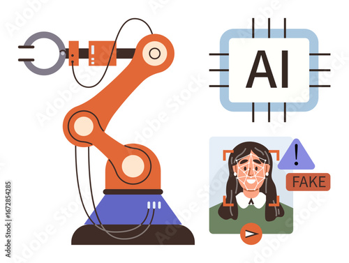 Robotic arm paired with AI chip, face recognition system with fake label alert. Ideal for AI ethics, automation, fraud detection, innovation, robotics, technology impact, simple flat metaphor
