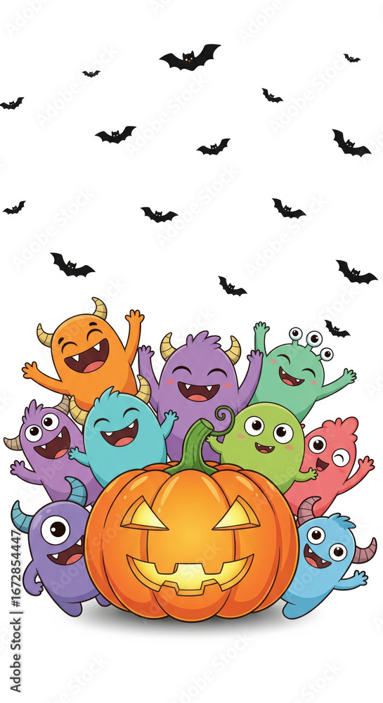 Obraz premium Cute cartoon monsters surround carved pumpkin with happy face, celebrating Halloween with joyful expressions, while bats fly above on white background