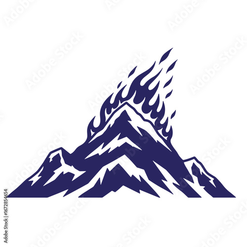 Vector illustration of a burning mountain with flames and snowy peaks in dark blue color