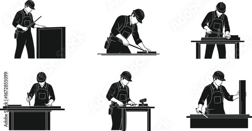 Carpenter silhouette working with tools, woodworking, measuring, construction, craftsman at work, workshop, building furniture, skilled manual labor, safety helmet.
