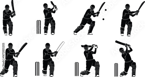 Cricket batsman silhouettes, batting poses, cricket shots illustration, cricket player vector, sports action, black silhouette, cricket equipment
