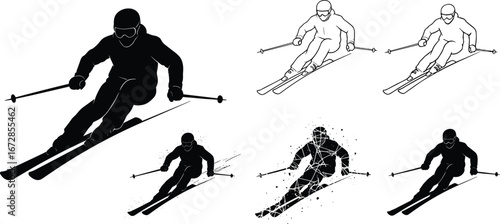Dynamic skiing silhouette, skier in motion, winter sports action, alpine skiing, extreme sport, ski poles, downhill skiing, snow adventure.