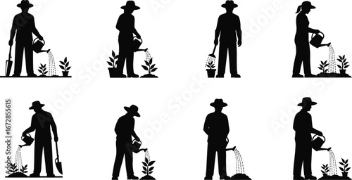 Gardener watering plants, gardening silhouette, garden care, plant watering, outdoor gardening, gardener with watering can, nature care, horticulture, plant growth.