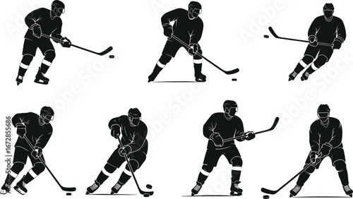 Ice hockey player silhouettes, hockey stick handling, puck control, skating action, winter sport scene, athlete motion, team sport competition artwork.