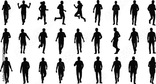 Silhouettes of people walking and running, jogging men and women, fitness activity, urban lifestyle, healthy living, casual walking, street movement, diverse human figures, exercise, outdoor activity