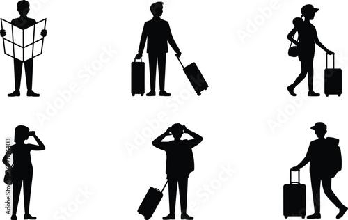 Silhouettes of travelers with luggage and backpacks, tourists reading maps, vacation exploration, travel adventure, city sightseeing, holiday journey, tourism, traveler on trip, travel gear