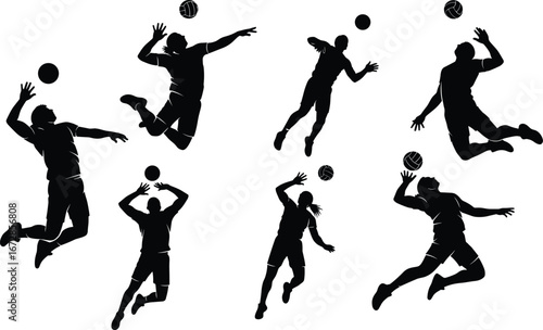 Volleyball player silhouette, jump serve action, spiking ball, athletic pose, sports vector, dynamic motion, black figure, game play, training drills