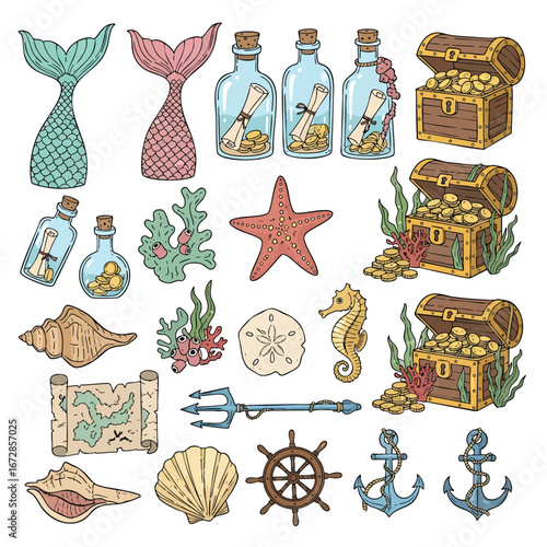 A colorful handdrawn collection of nautical pirate and mermaidthemed illustrations and icons.