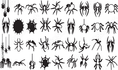 spider, spiders, arachnid, arachnids, silhouette, black, white background, isolated, web, webs, web design, crawling, standing, hanging, group, many, different, poses, vector, illustration, creepy, sc