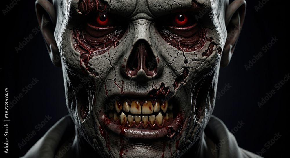 Naklejka premium Terrifying zombie face with cracked gray skin, bloodshot red eyes, decayed flesh, and sharp yellow teeth, horror and fear concept, dark background, close up portrait