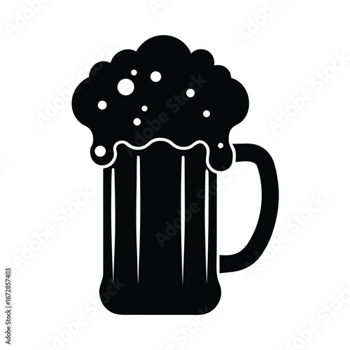 Black and white beer mug icon; foamy head; simple graphic; pub; beverage; alcohol; drink; vector illustration