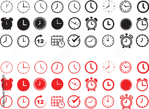 clock, time, calendar, icon, set, collection, black, red, alarm clock, watch, timekeeping, schedule, deadline, reminder, graphic, vector, illustration, symbol, design element, circular, square, number