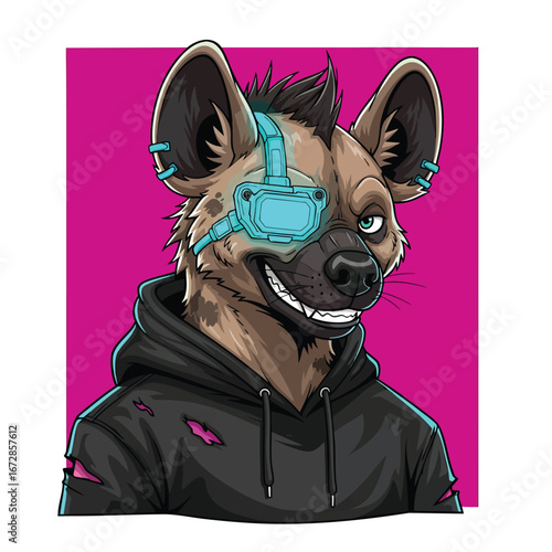 A cool anthropomorphic hyena character with a cyberpunk style wearing a black hoodie and a futuristic blue visor.