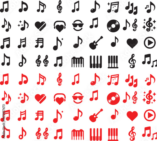 music, note, musical, symbol, icon, collection, set, black, red, heart, love, sunglasses, guitar, vinyl, play button, treble clef, eighth note, sixteenth note, quarter note, half note, whole note, pia