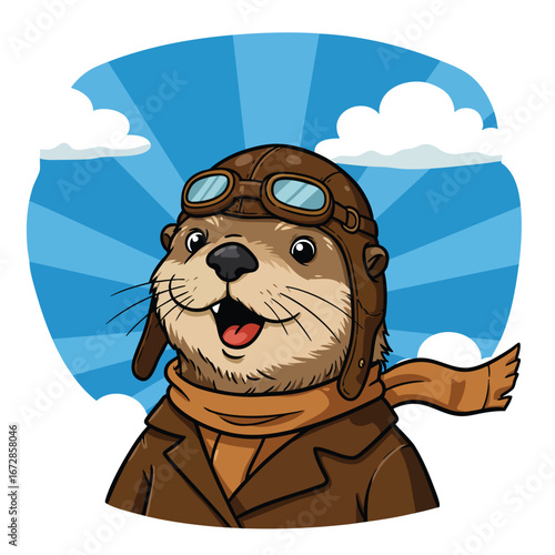 A happy cartoon otter character dressed as a vintage pilot with an aviator helmet and goggles.