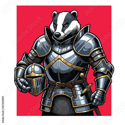A stoic anthropomorphic badger knight character dressed in a full suit of shiny steel plate armor.