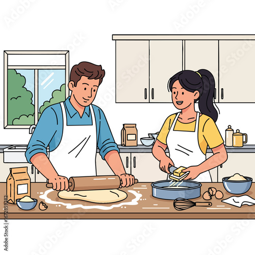 A young couple wearing aprons baking together in a modern kitchen illustration.