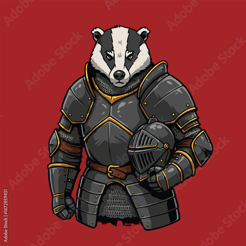 An anthropomorphic badger knight character wearing a full suit of dark medieval plate armor and holding a helmet.