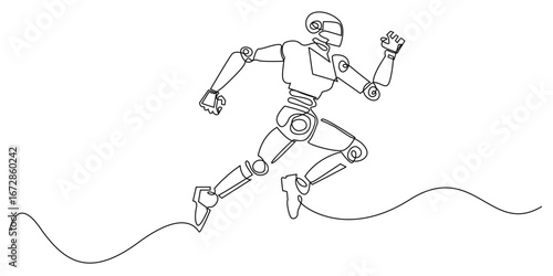 Continuous line drawing of a running robot symbolizing technology, innovation, and artificial intelligence, perfect for futuristic design, digital concepts, posters, and creative projects