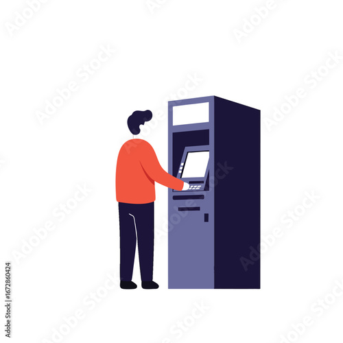 Flat vector illustration of a man in an orange sweater using a bank ATM for a transaction.