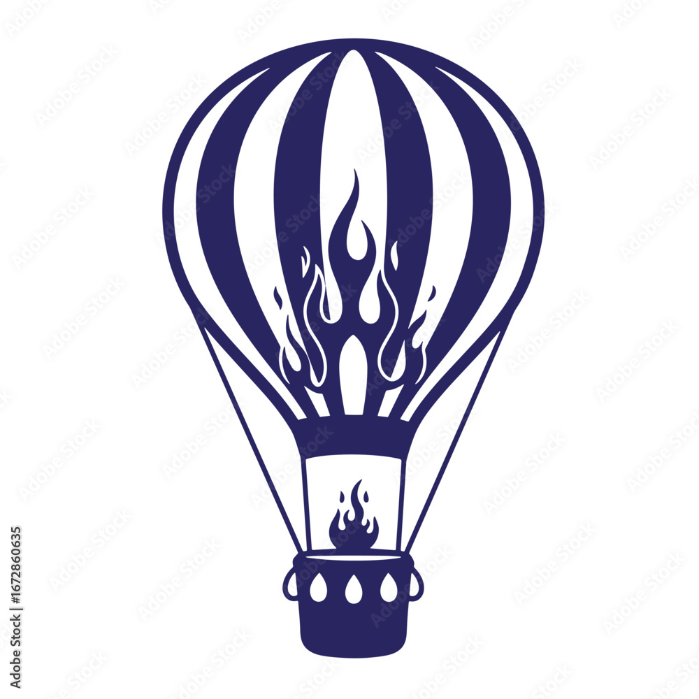Obraz premium A bold navy blue and white hot air balloon with stylized flames for design