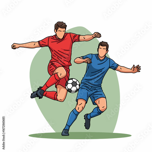 Dynamic soccer players battling for ball in competitive match, perfect for sports advertising and engaging content