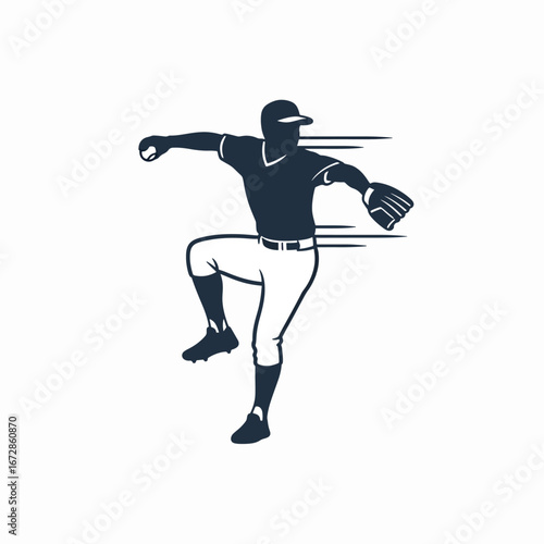 Dynamic baseball pitcher throwing ball with power, athletic silhouette for sports branding and team logos design