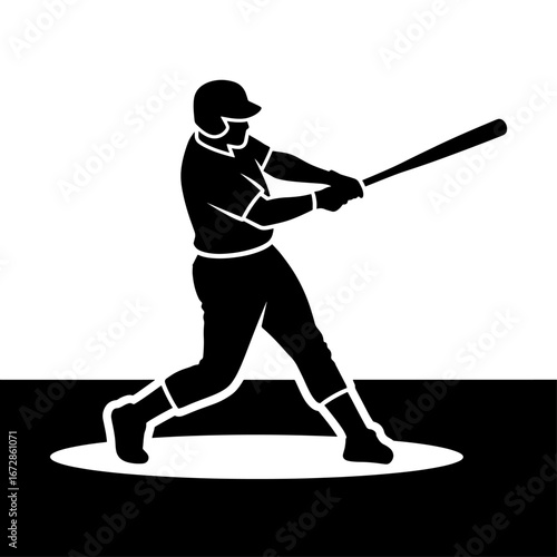 Dynamic baseball player silhuette swinging bat with energy against striking black and white background