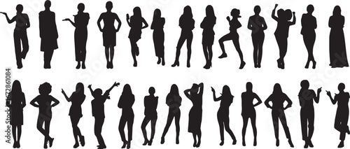 woman, women, female, silhouette, black, white background, isolated, standing, walking, posing, fashion, style, business, casual, elegant, group, many, different, poses, vector, illustration, people, 