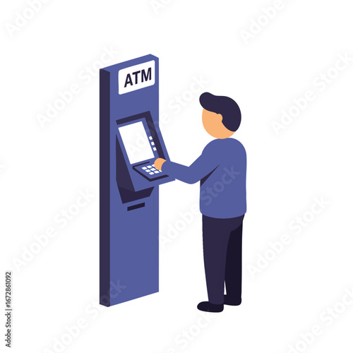 Isometric vector illustration of a man using an ATM for a financial transaction.