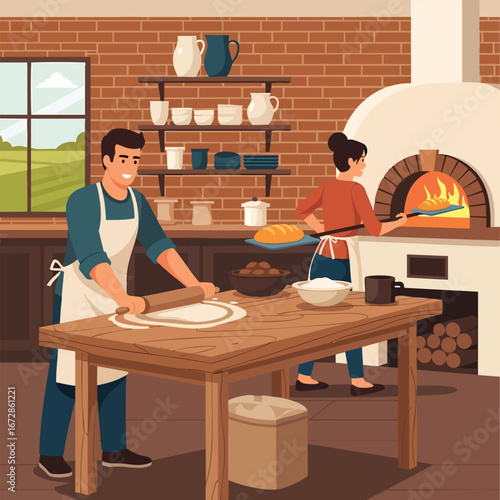 Man and woman making homemade pizza in a rustic kitchen with a traditional brick oven.