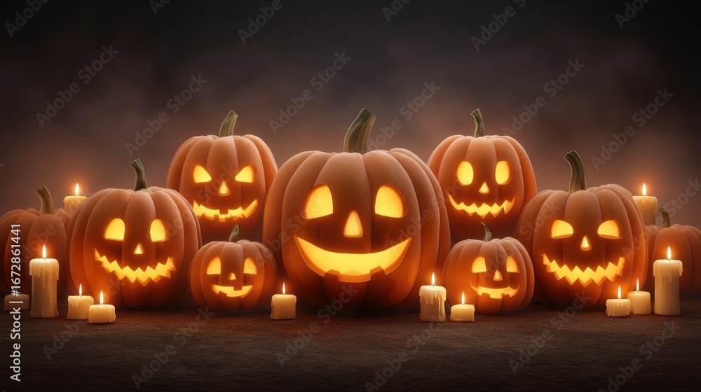 Fototapeta premium Spooky Halloween Pumpkins with Candles Creating a Festive Atmosphere for Autumn Celebrations and Haunted Gatherings