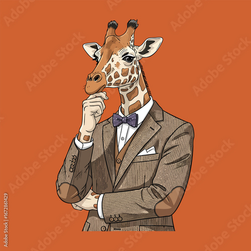 Portrait of a pensive giraffe gentleman dressed in a classic tweed suit and purple bow tie.